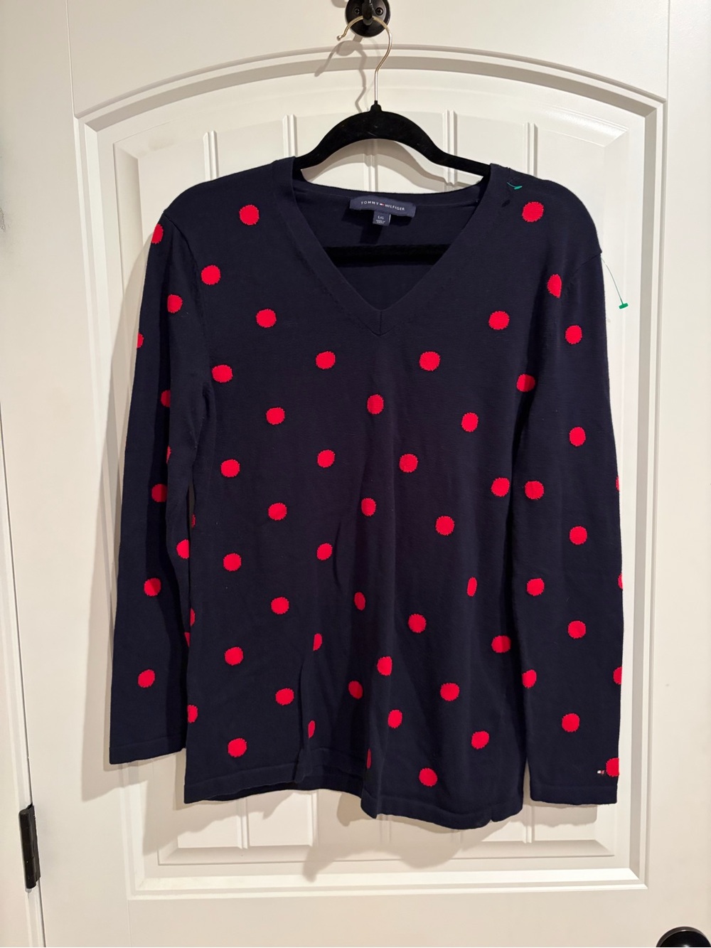 Tommy Hilfiger Navy V-Neck Sweater with Red Polka Dots